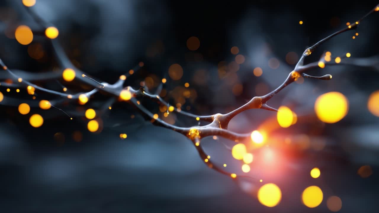 Rappresentazione astratta di una rete di neuroni luminosi con particelle scintillanti su sfondo scuro, che mostra connettività e flusso di energia