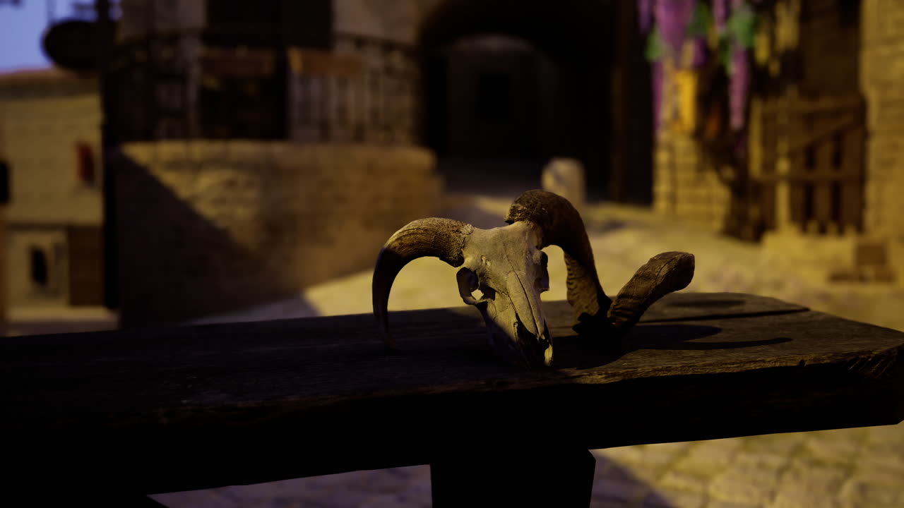 Curious animals explore an old medieval city at twilight