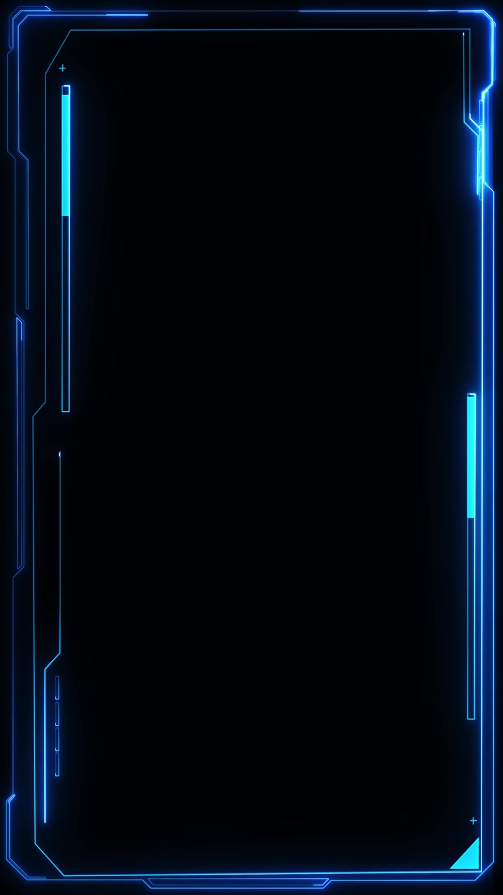 Bordo dell'interfaccia blu cyber, cornice neon visiva, area di visualizzazione nera vuota, controlli digitali eleganti, sci-fi