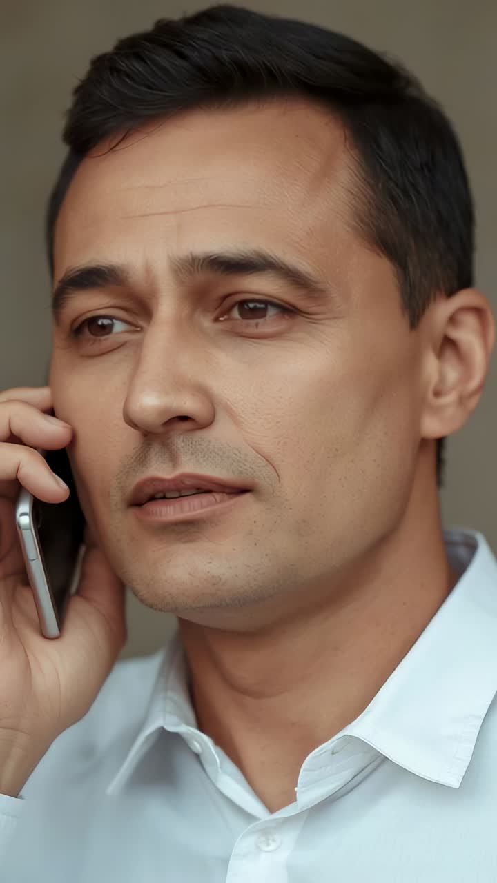 Vertical video: Answering call man listening and replying at office, smartphone at ear, white shirt