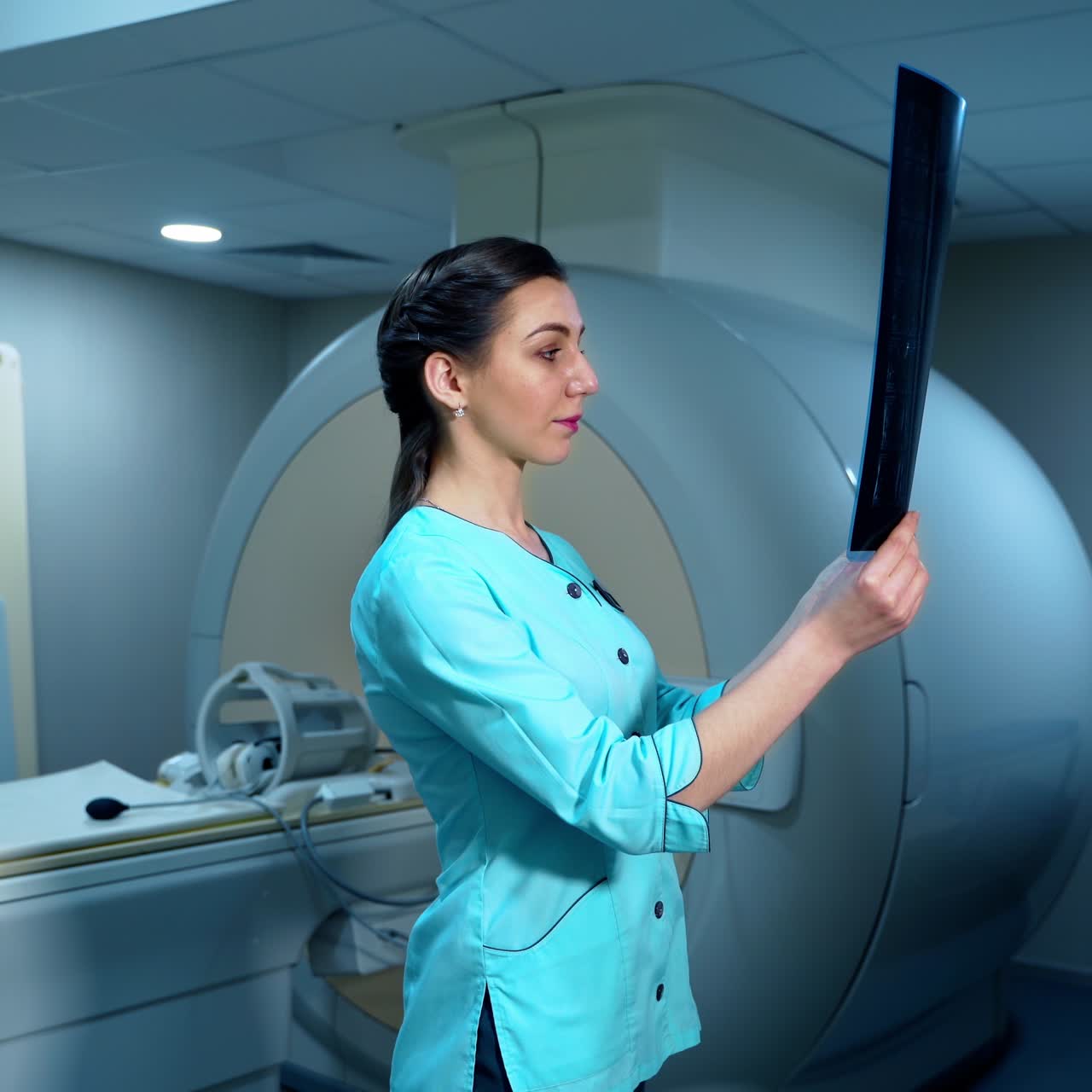 Female radiologist with x-ray photo. Side view of a medical worker examining x-ray picture while standing near the MRI machine in hospital.