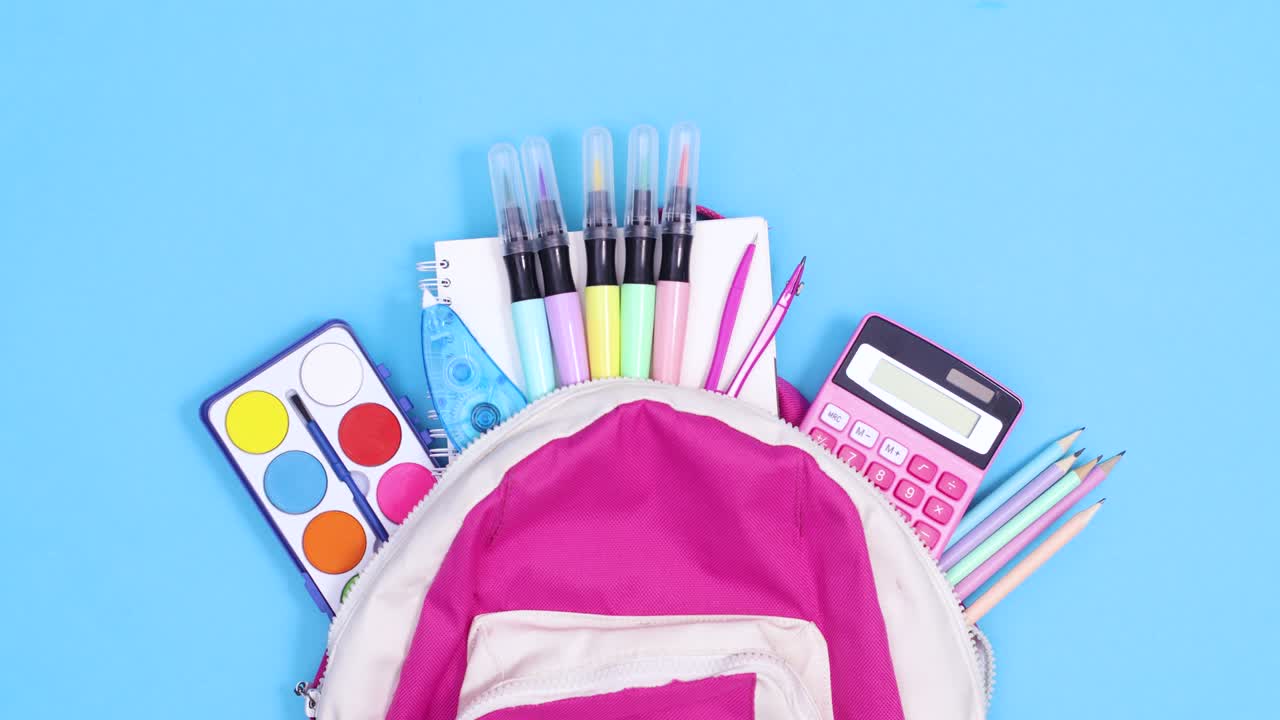 School tools move in backpack on blue background for back to school. Stop motion