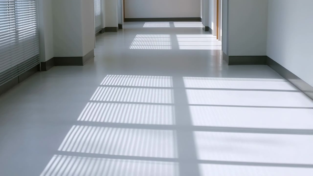 Low, slightly left-of-center viewpoint of empty modern corridor where daylight casts crisp-edged rectangular and striped shadow blocks from horizontal blinds across glossy pale floor, visible action