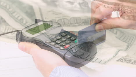 animation of dollar banknotes falling over hand of caucasian man holding payment terminal