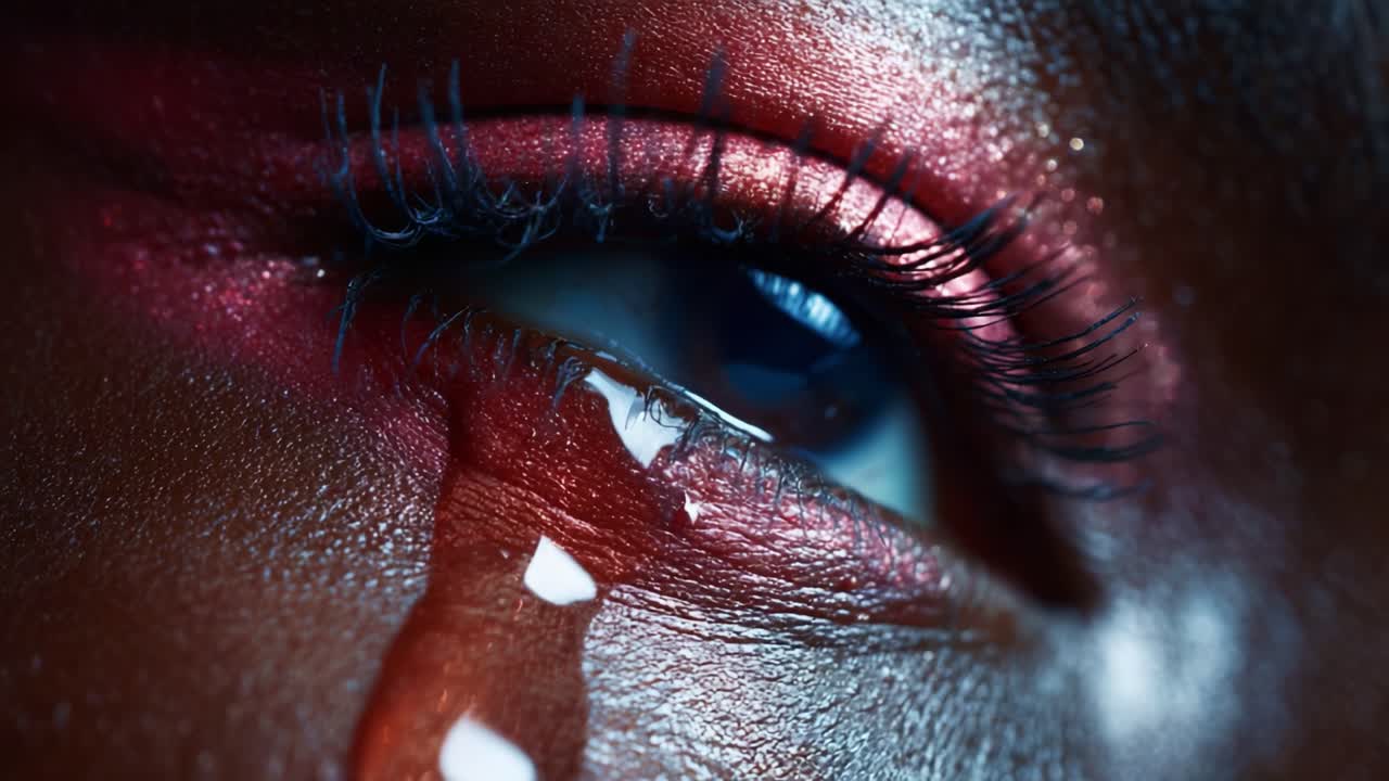 A profound exploration of emotion captured in an extreme close-up shot featuring an eye adorned with vibrant makeup, where a single tear signifies deep feelings and poignant introspection