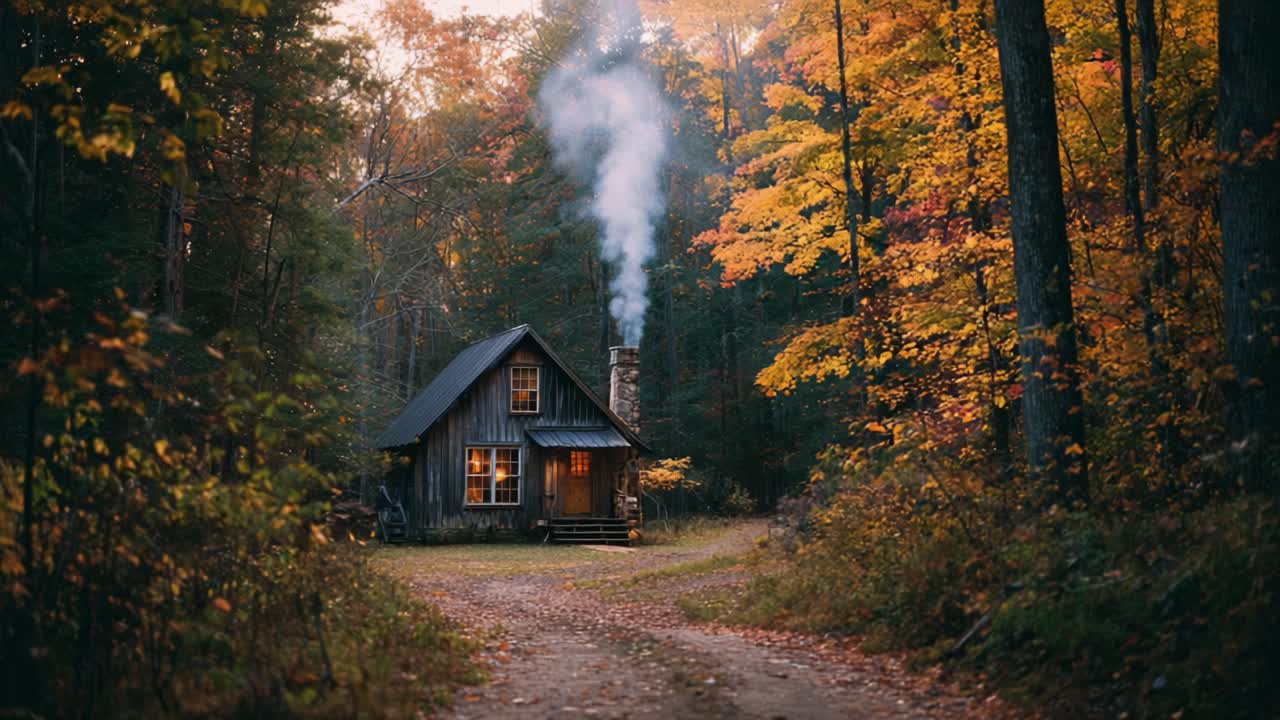 A Scenic Autumn Retreat: A Cozy Cabin Surrounded by Vibrant Fall Foliage and Softly Rising Smoke from the Chimney, Welcoming You Back to Nature's Embrace