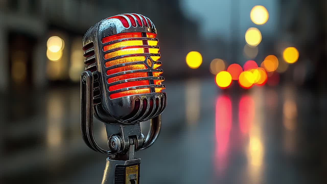 Vintage Microphone Illuminated in Urban Night Scene with Bokeh Background, Capturing the Essence of Music and Performance in a Rainy Atmosphere