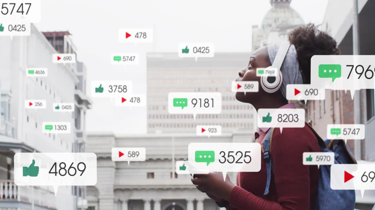 Woman tapping phone on city street monitoring social media engagement with bubbles surrounding head
