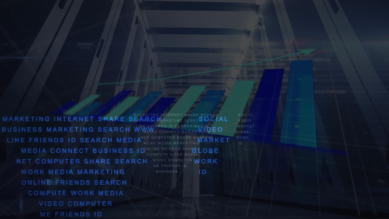 Animation of computer language over graph against low angle view of server room