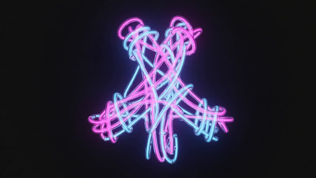 Sich wandelnde Neonschleifenform, die in einem dunklen Studio leuchtet, während die Bilder dichtere pink-türkise Schleifen zeigen.
