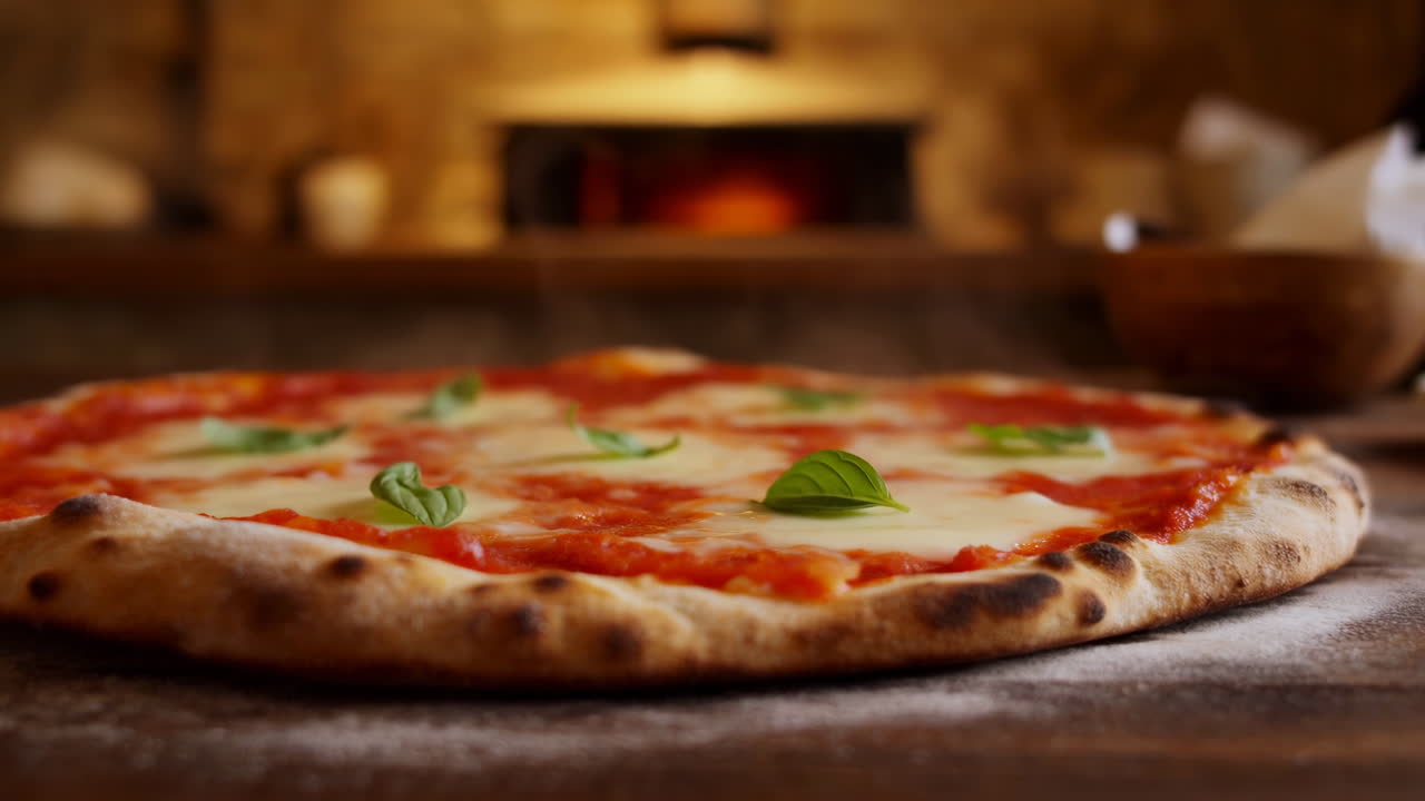 Pizza Margherita fresca su tagliere di legno, con bagliore di forno a legna sullo sfondo, foglie di basilico e formaggio gorgogliante.