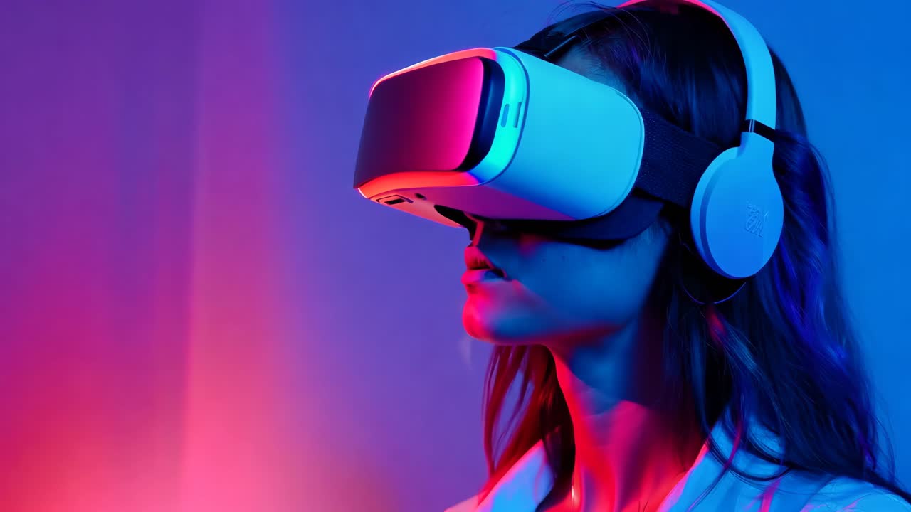 una mujer con auriculares de realidad virtual y auriculares
