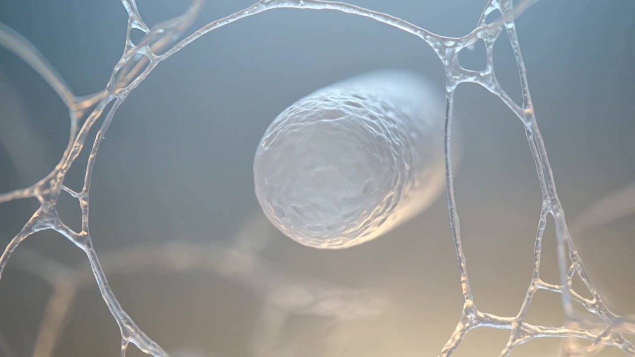 Starting behind membrane ring, translucent capsule gliding through micro mesh, showing texture