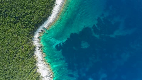 top down view dolly along greek island coastline, green forest and turquoise clear sea