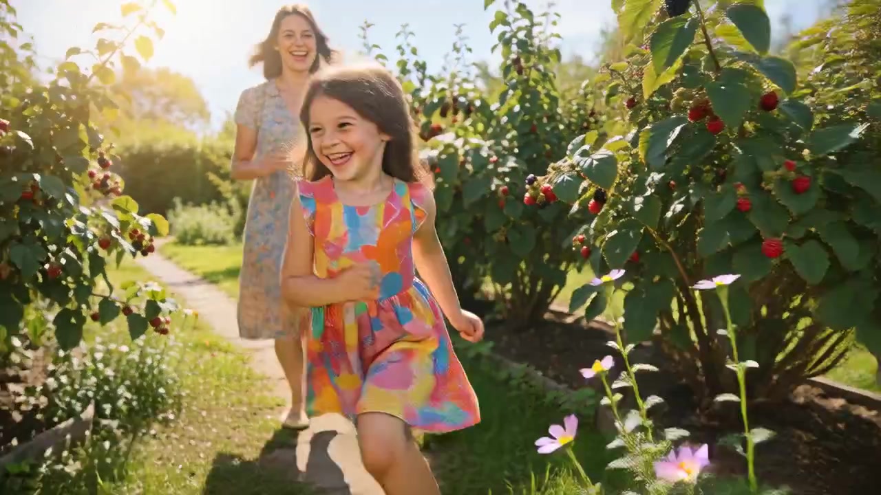 Mamma e figlia che corrono lungo un sentiero del giardino dietro a una bambina con un vestito colorato che individua e raccoglie delle bacche.