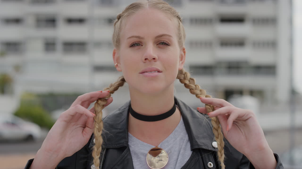 도시 도시에서 독립적인 라이프 스타일을 즐기는 자신감을 느끼는 스타일리쉬한 금발 여성의 초상화