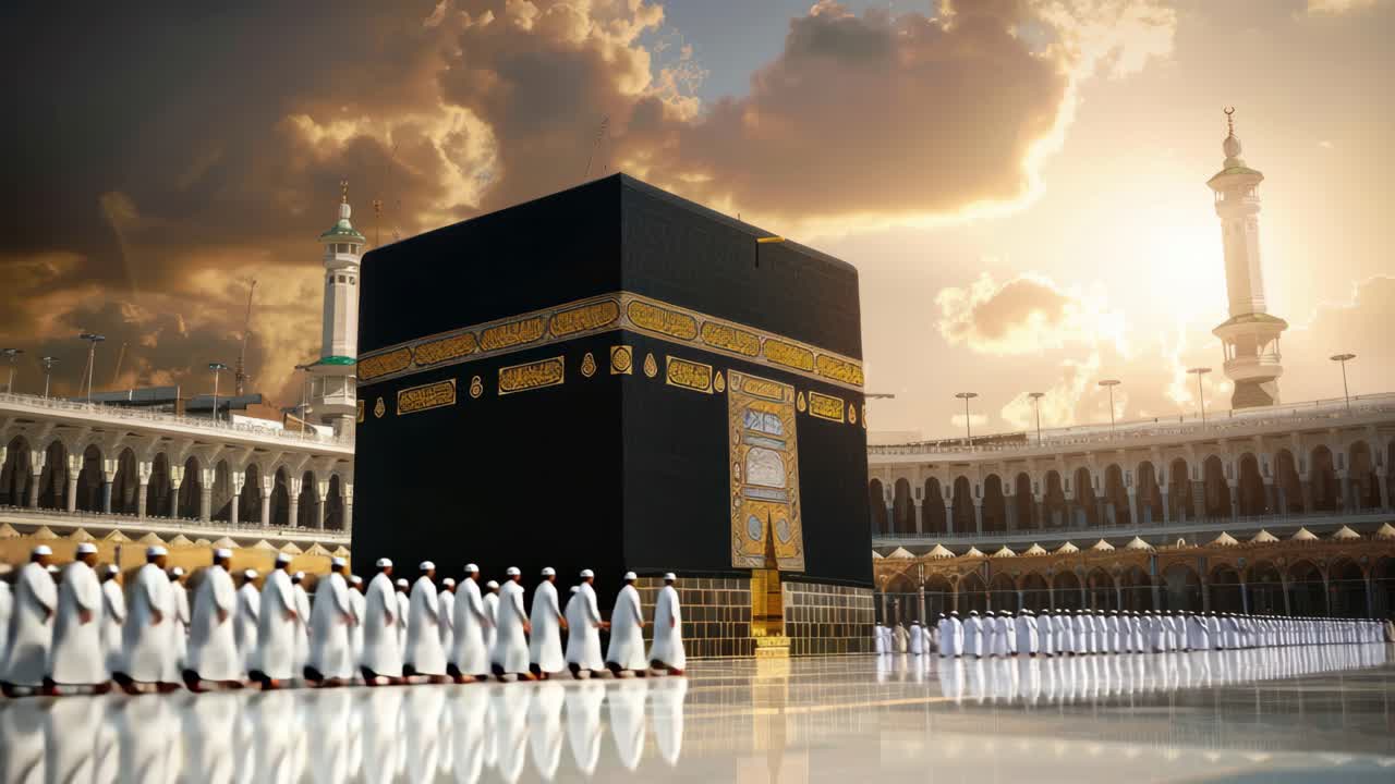 Ripresa video dal basso con angolazione ampia della Kaaba al tramonto che cattura il cielo dorato e i fedeli