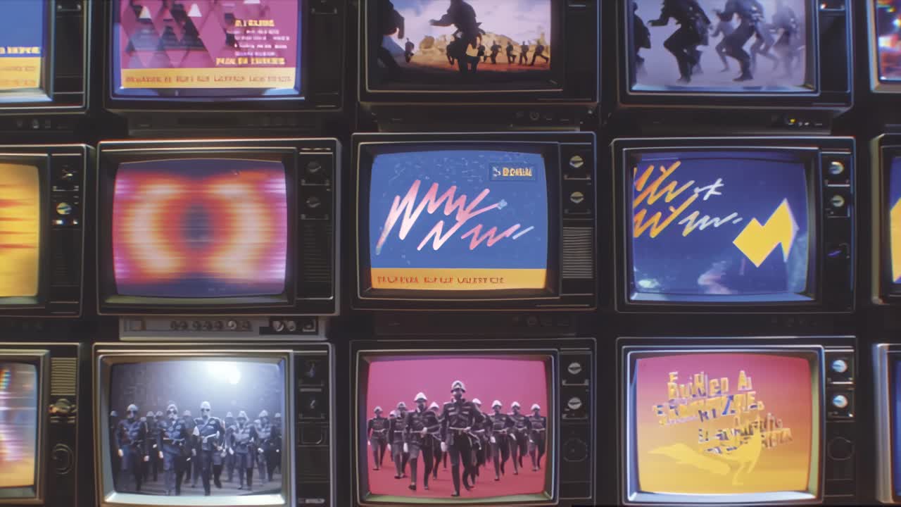 Stacked vintage CRT televisions display abstract graphics, glitch effects, and retro broadcast imagery in a dark studio setting, evoking 1980s media and nostalgia