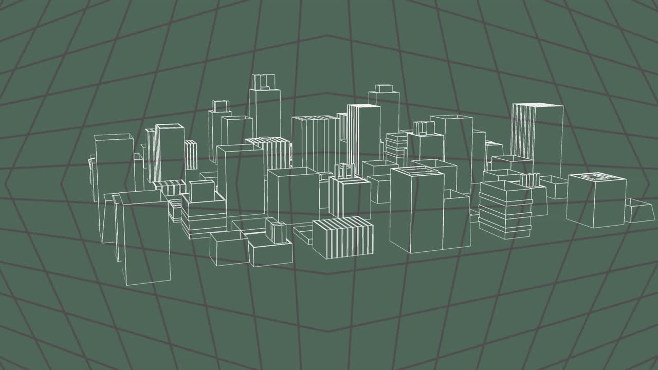 3d 아키텍처 도시 그림의 애니메이션이 그리드 위에 회전합니다.