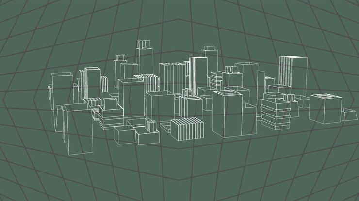 Animation of 3d architecture city drawing spinning over grid