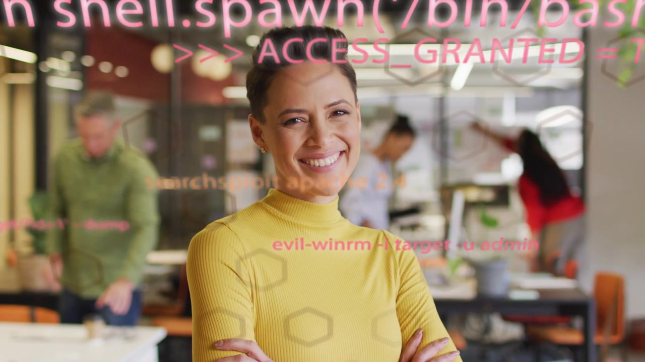 Donna con maglietta gialla che sorride mentre appare la sovrapposizione 'ACCESSO CONCESSO' dopo il login, con la telecamera che zooma in un ufficio tecnologico