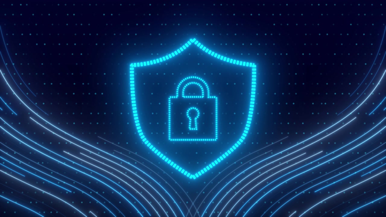 Digital Security Shield Icon with Glowing Data Lines