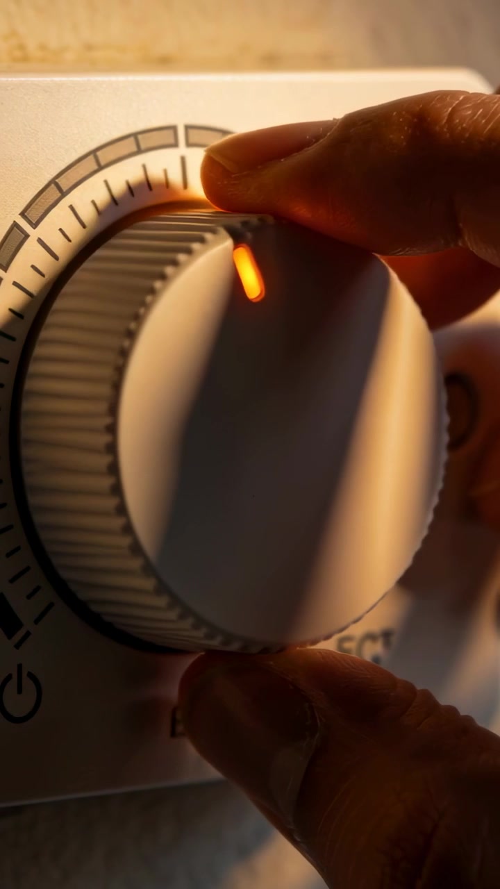 Vertical video: Reaching fingers gripping panel knob, rotating, moving orange LED to set control
