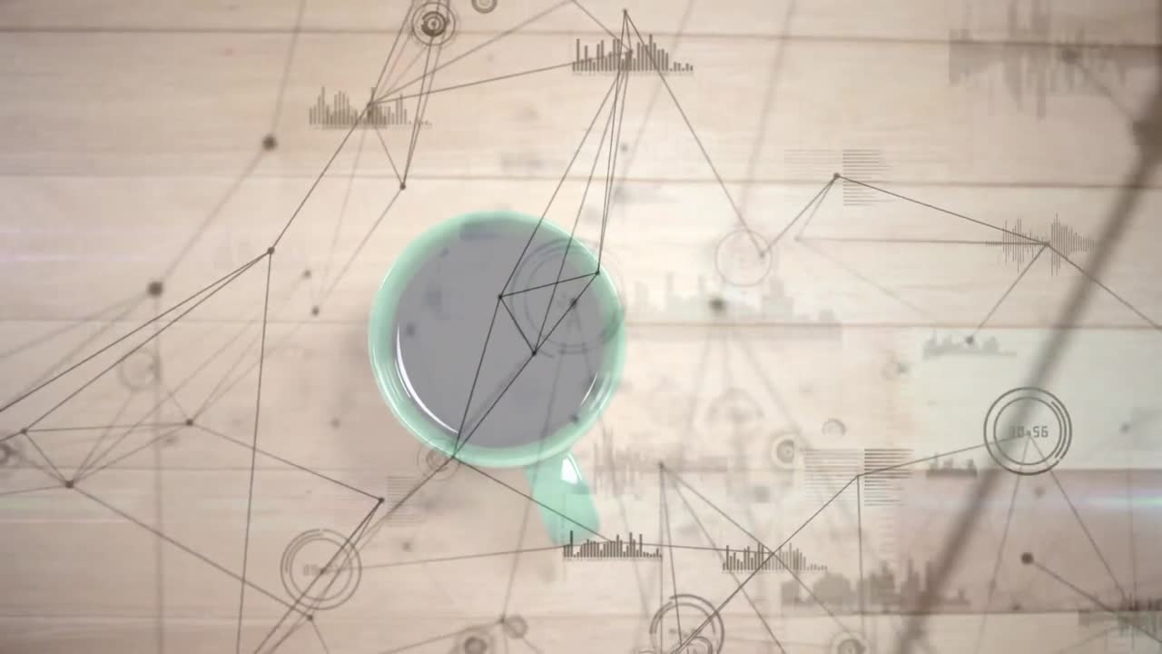 animación de la red de conexiones con datos sobre una taza verde de café