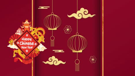 Animación-Del-Texto-De-Saludos-De-Año-Nuevo-Y-Decoraciones-Tradicionales-Chinas-Sobre-Fondo-Rojo