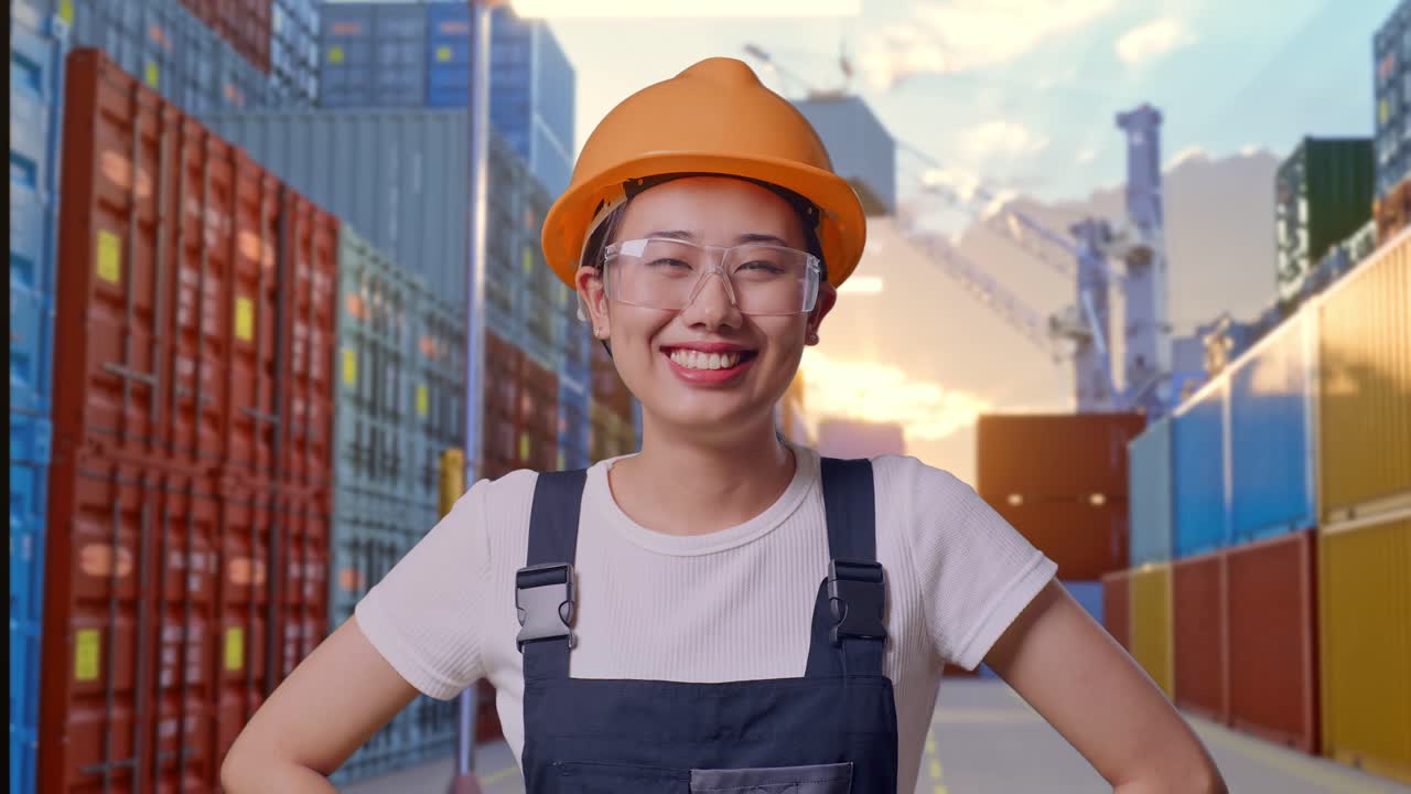 Close Up Of Asian Woman Worker Wearing Goggles And Safety Helmet Standing With Arms Akimbo Looking At Camera And Smiling At Container Yard Warehouse