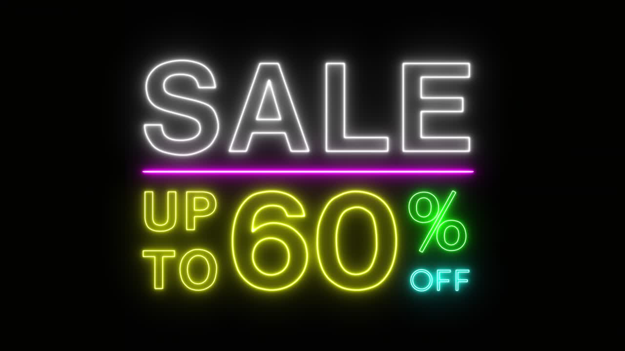 parpadeo de venta hasta un porcentaje de descuento colorido neón llama señal de movimiento pancarta en fondo negro para promover el video. concepto de promoción serie de venta de marca 10-90%