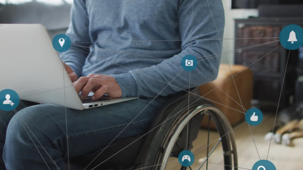 animación de la red de conexiones sobre un hombre caucásico discapacitado sentado en silla de ruedas