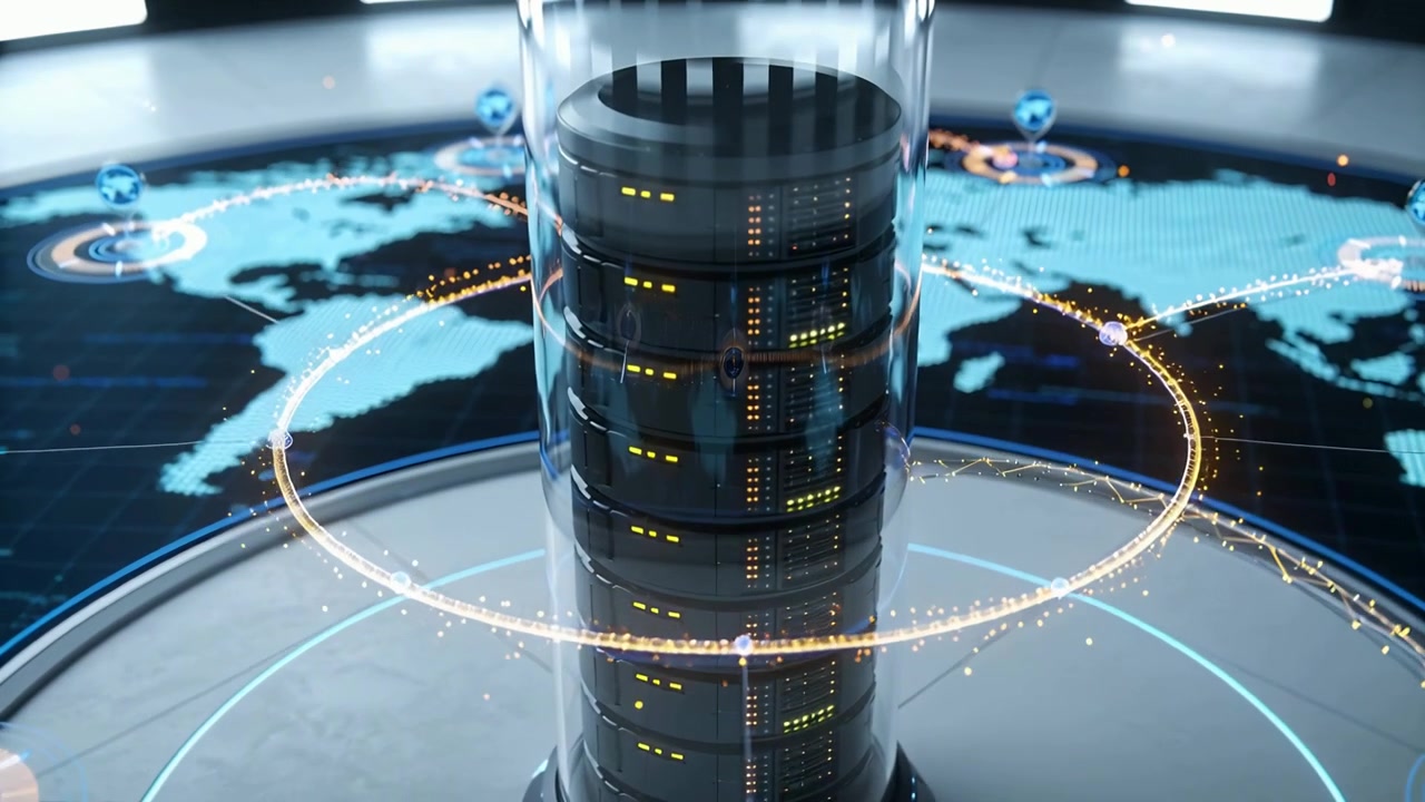Pushing camera, server cylinder revealing blinking LEDs on circular base, linking globe icons