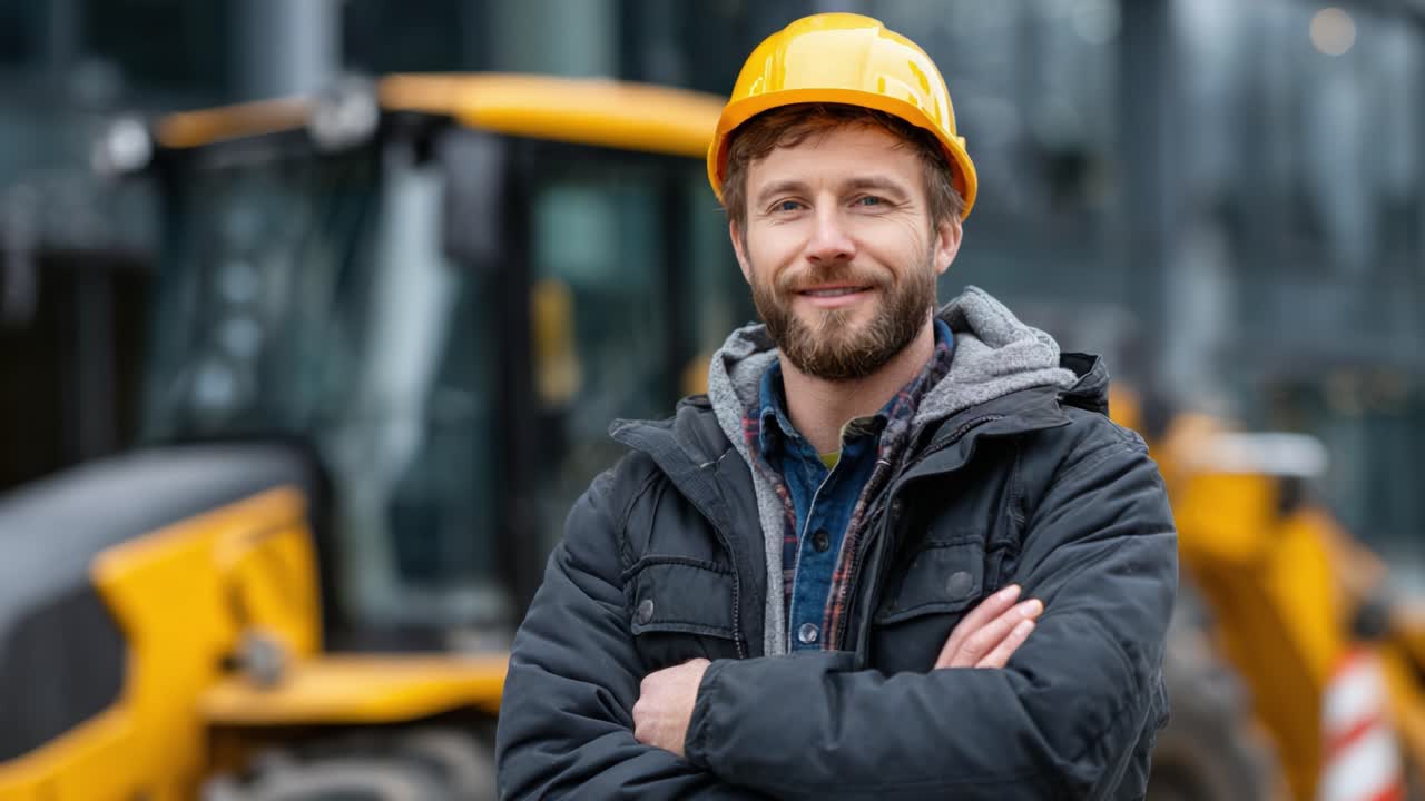 Confident Construction Worker in Hard Hat Smiling Among Heavy Equipment at a Job Site, Showcasing Strength and Professionalism in the Construction Industry