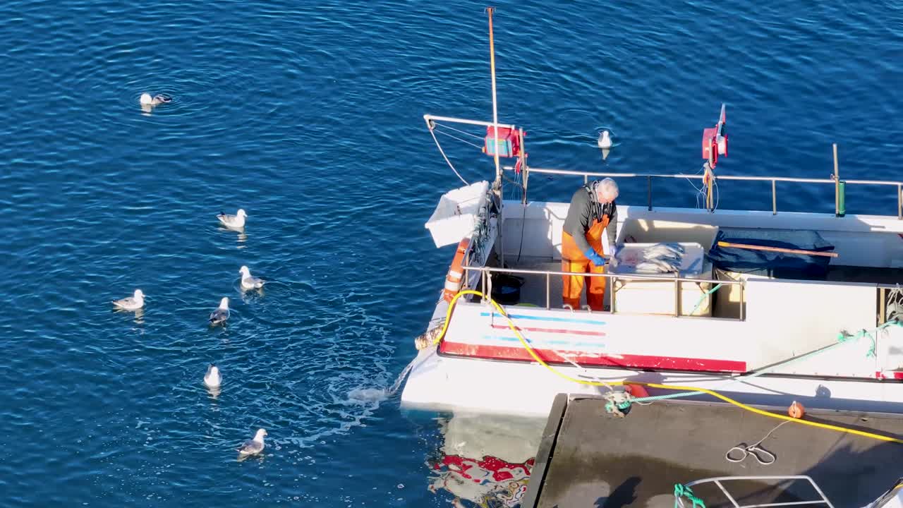 An impressive aerial photograph presents a man filleting fish on his boat in the City and Harbor of Hofn in southeast iceland.