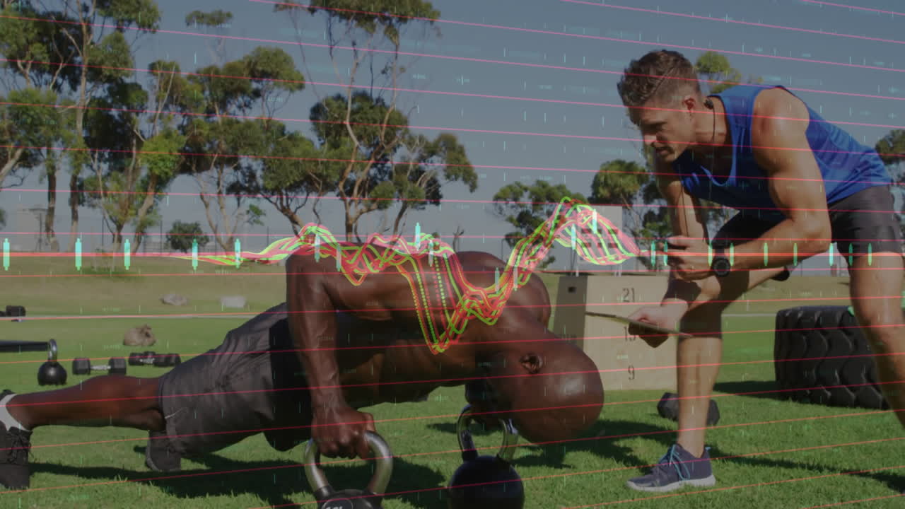 Doing kettlebell push-ups, man with trainer and animation of data analysis overlay