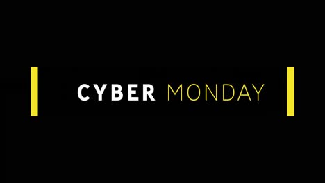 texto blanco y amarillo de cyber monday que aparece contra la pantalla negra 4k