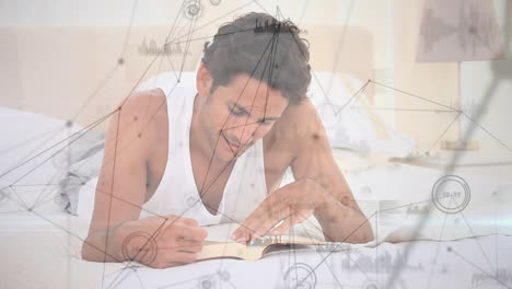 animación de la red de conexiones sobre el estudiante masculino leyendo un libro, aprendiendo desde casa
