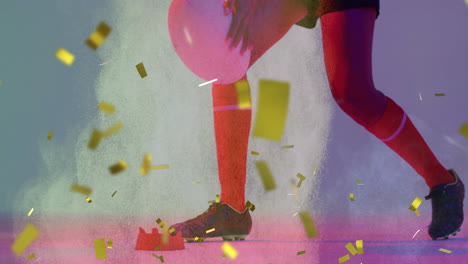 Animation-Von-Konfetti,-Das-Auf-Eine-Gemischtrassige-Rugbyspielerin-Mit-Ball-Fällt