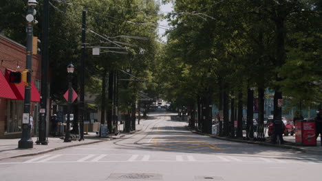 city street scene with streetcar tracks