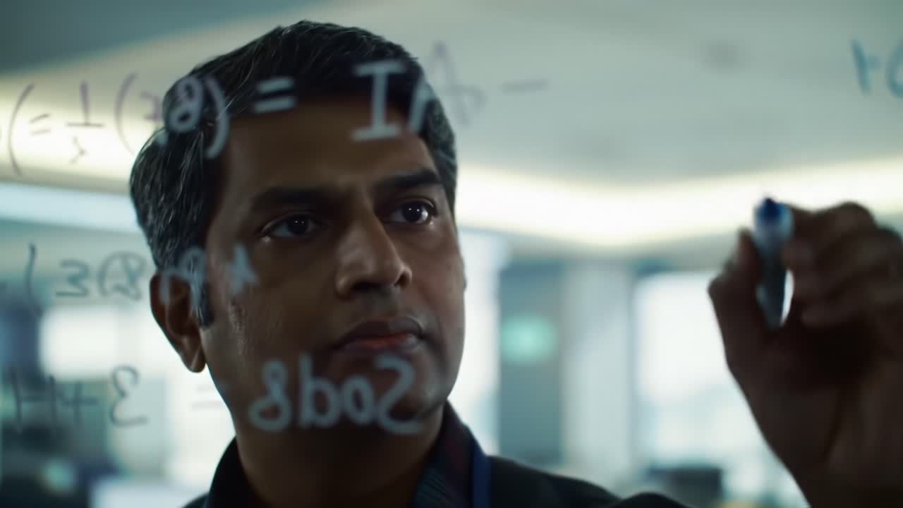 A Deep Focus on Mathematical Concepts: A Dedicated Individual Analyzing Complex Equations Against a Glass Surface in an Illuminated Workspace