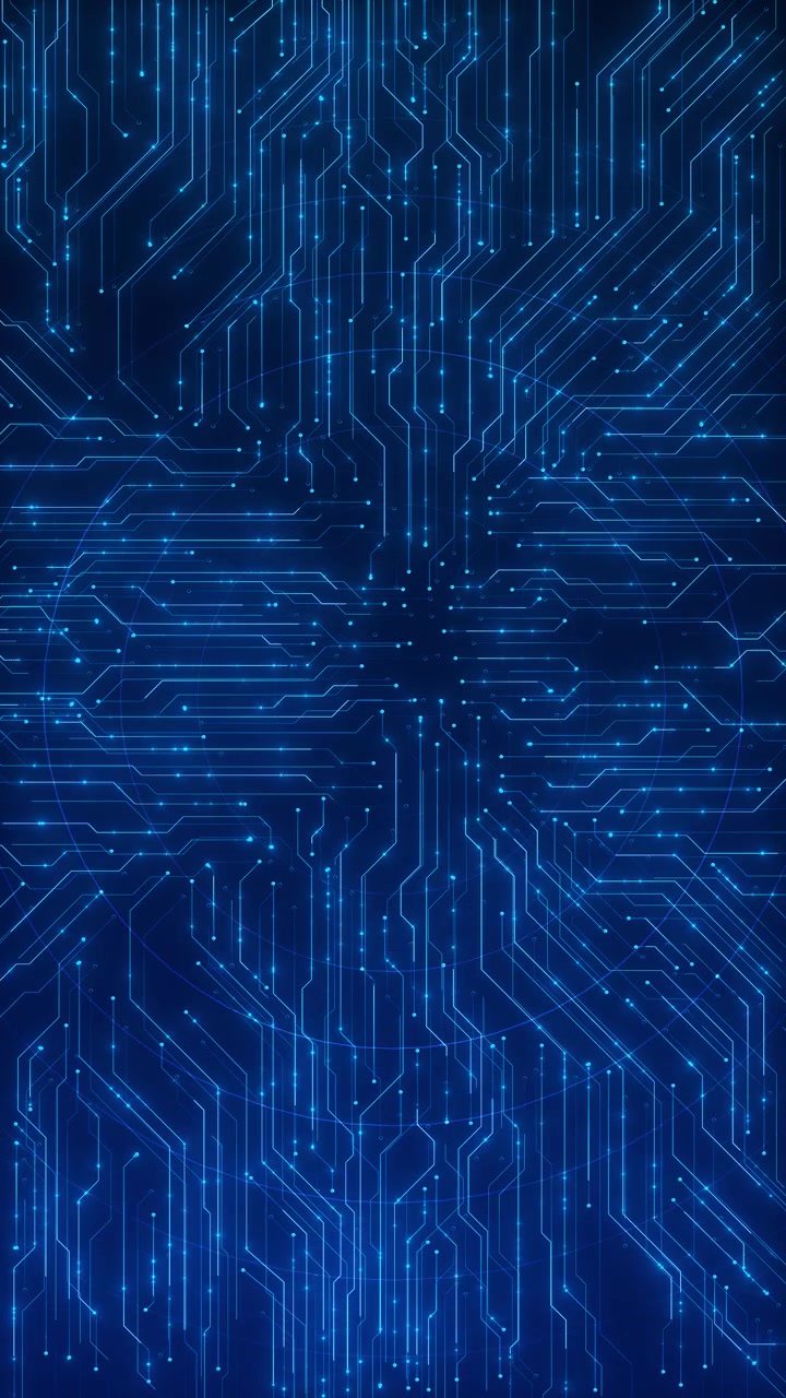 Blue circuit board technology pattern with glowing electronic traces connection nodes and