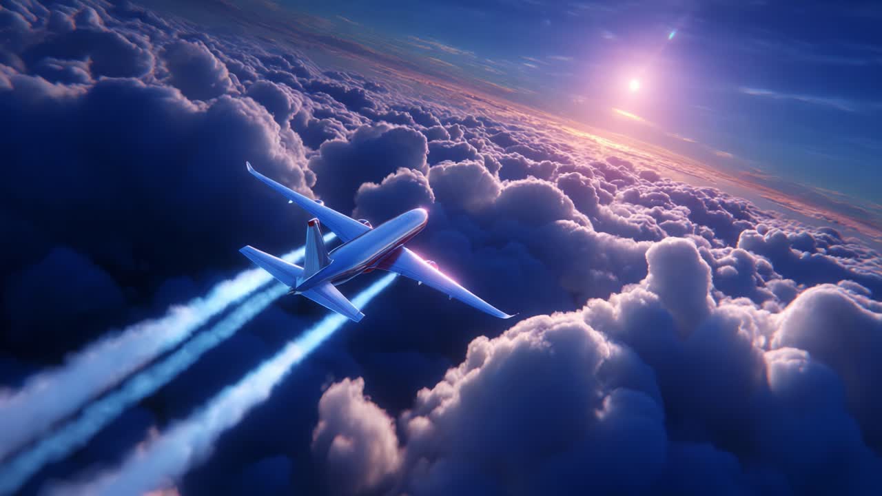 A breathtaking aerial view of a commercial aircraft soaring through vibrant, fluffy clouds illuminated by the golden sunlight, capturing the essence of travel and adventure in a serene skyscape at dusk