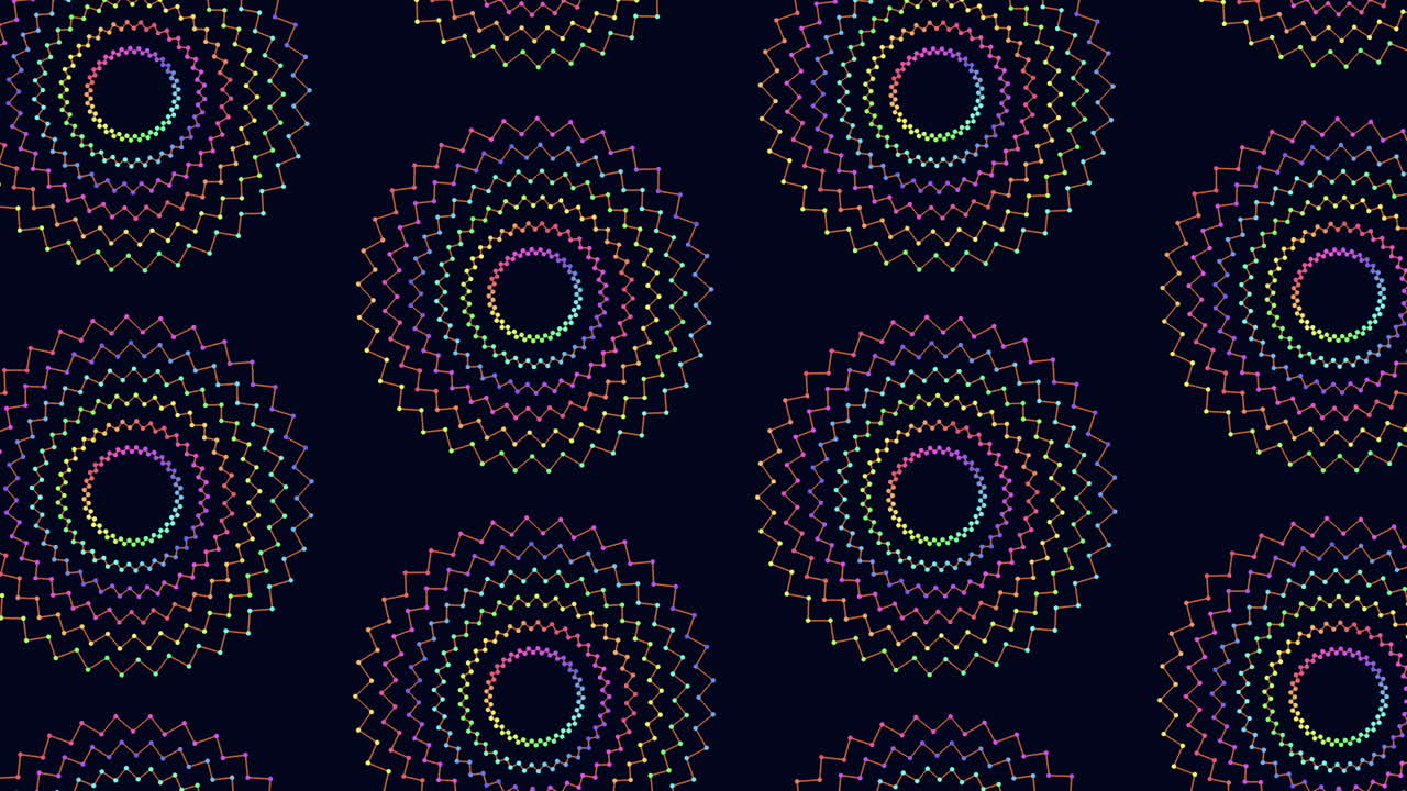 Motivo a cerchi simmetrici con linee colorate su sfondo nero