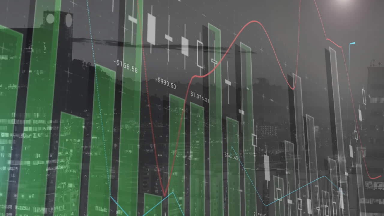 animación del procesamiento de datos y diagramas sobre el paisaje urbano.
