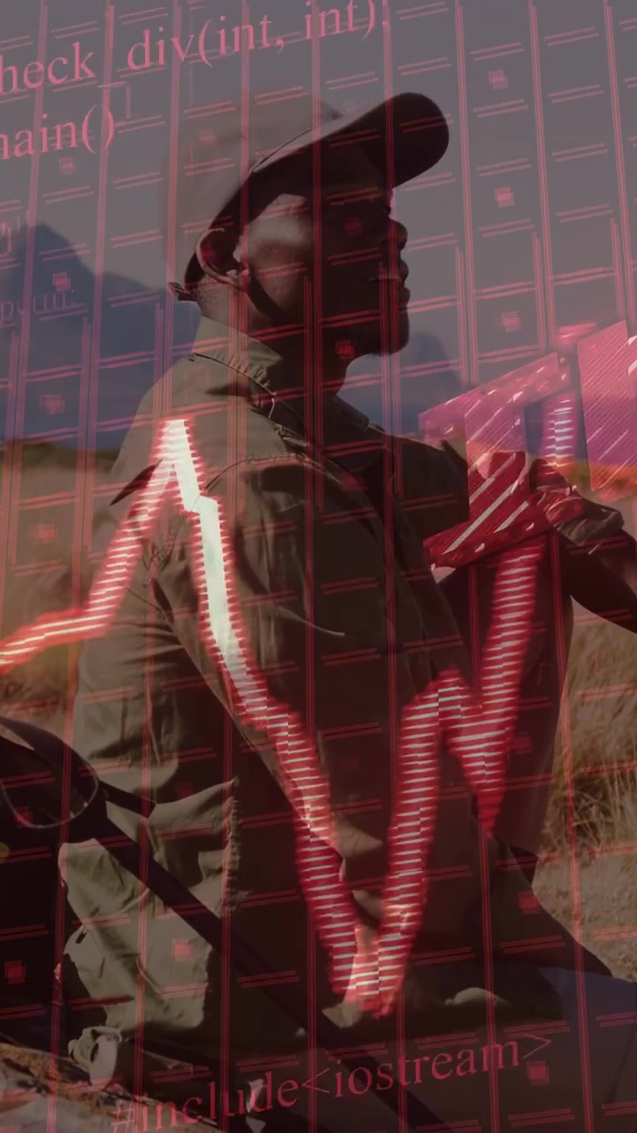 Vertical video: Man sitting by bike turning as clip playing data zigzag and grid pulsing reflecting