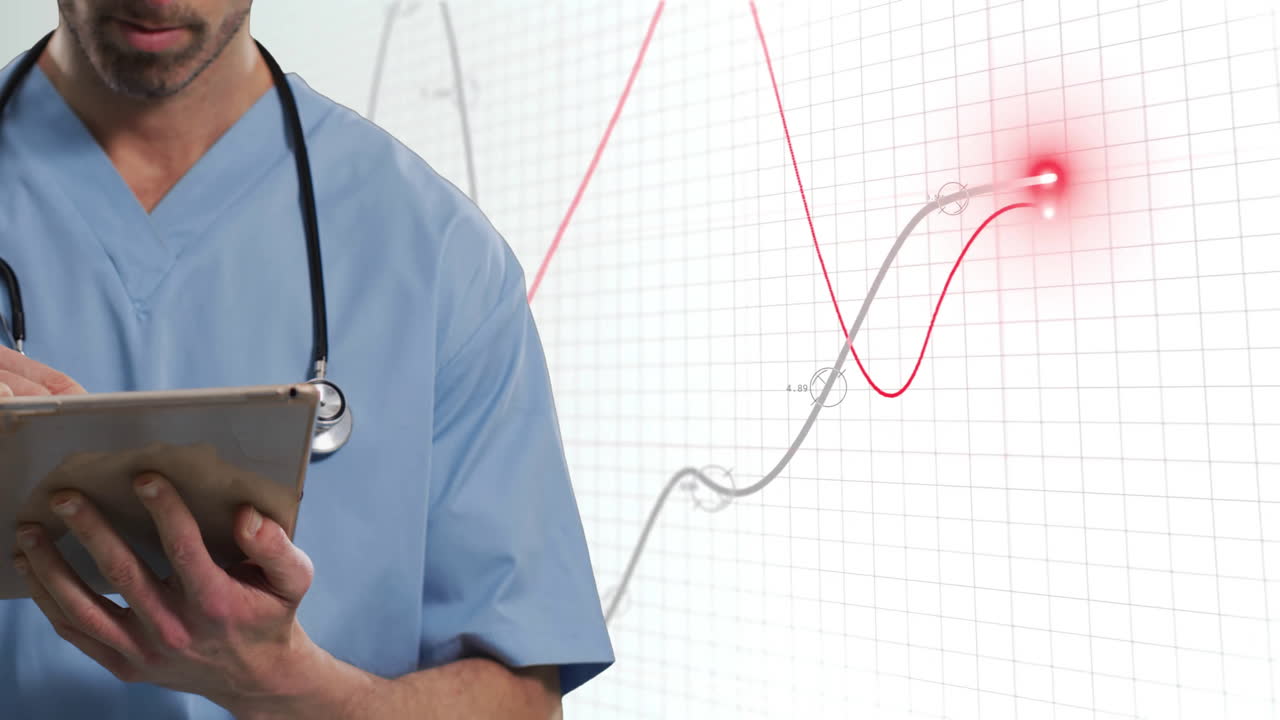 анимация обработки финансовых данных на двухрасовой женщине-докторе с помощью планшета