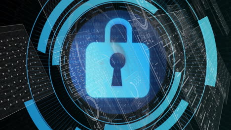 Animation of padlock icon, scope scanning with data processing