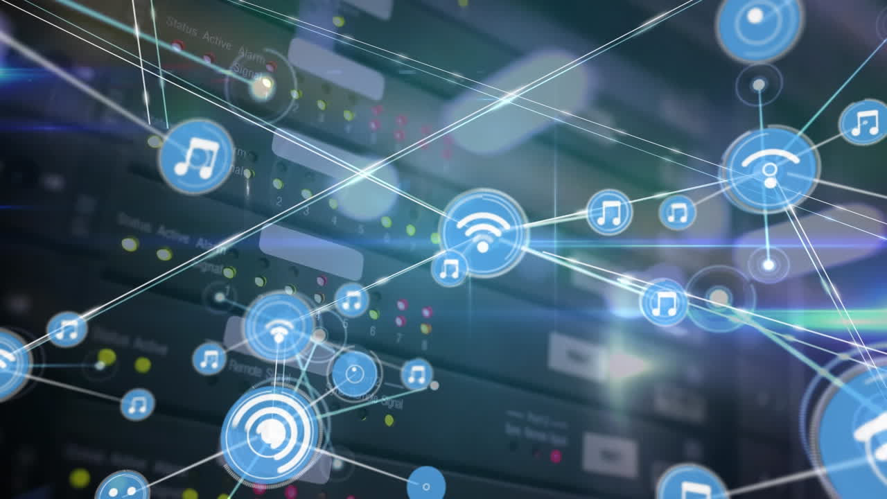 Animation of network of connections with icons over grid