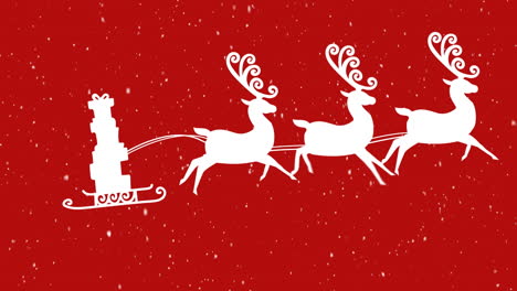 snow falling over christmas gifts in sleigh being pulled by reindeers against red background